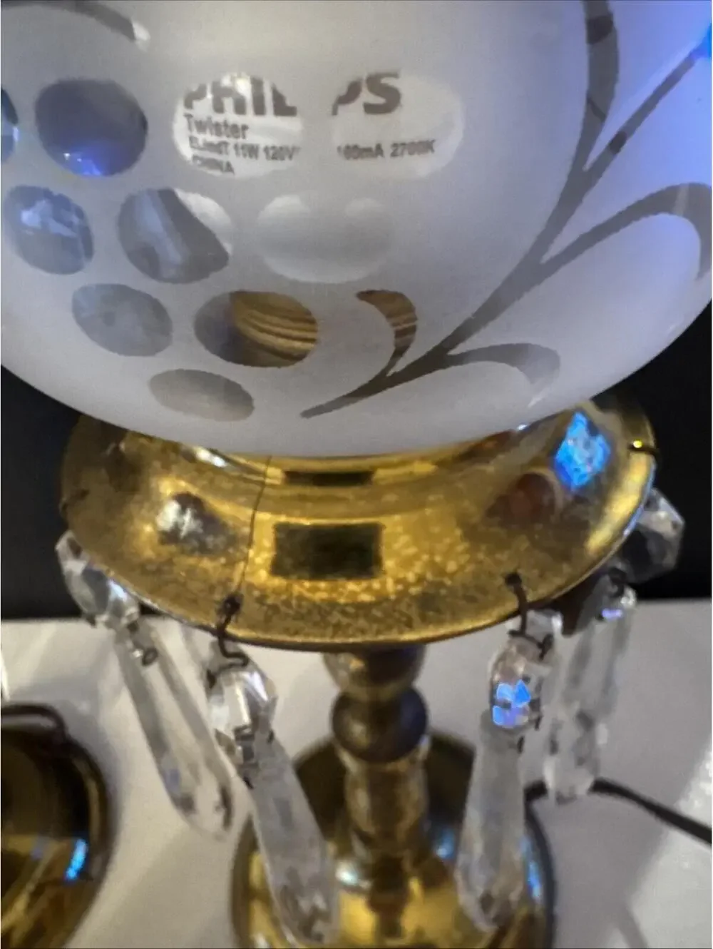VTG MCM Pair of Electrified Boudoir Brass Hurricane Lamps With Hanging Crystals